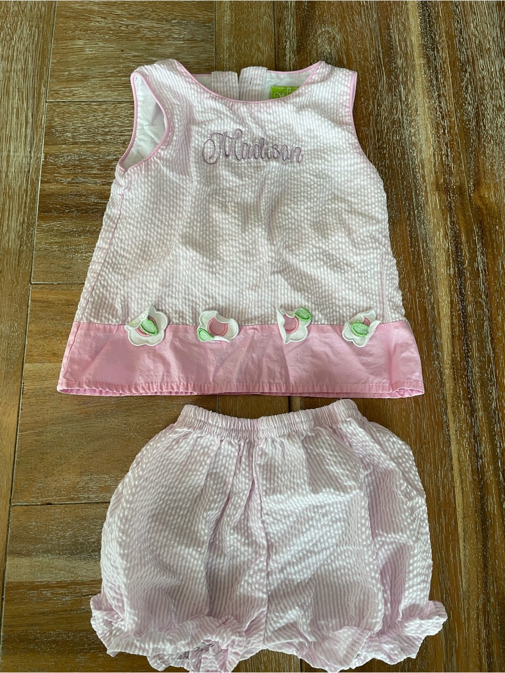 Girls Pink Seersucker Pajama Set with Embroidered Detail